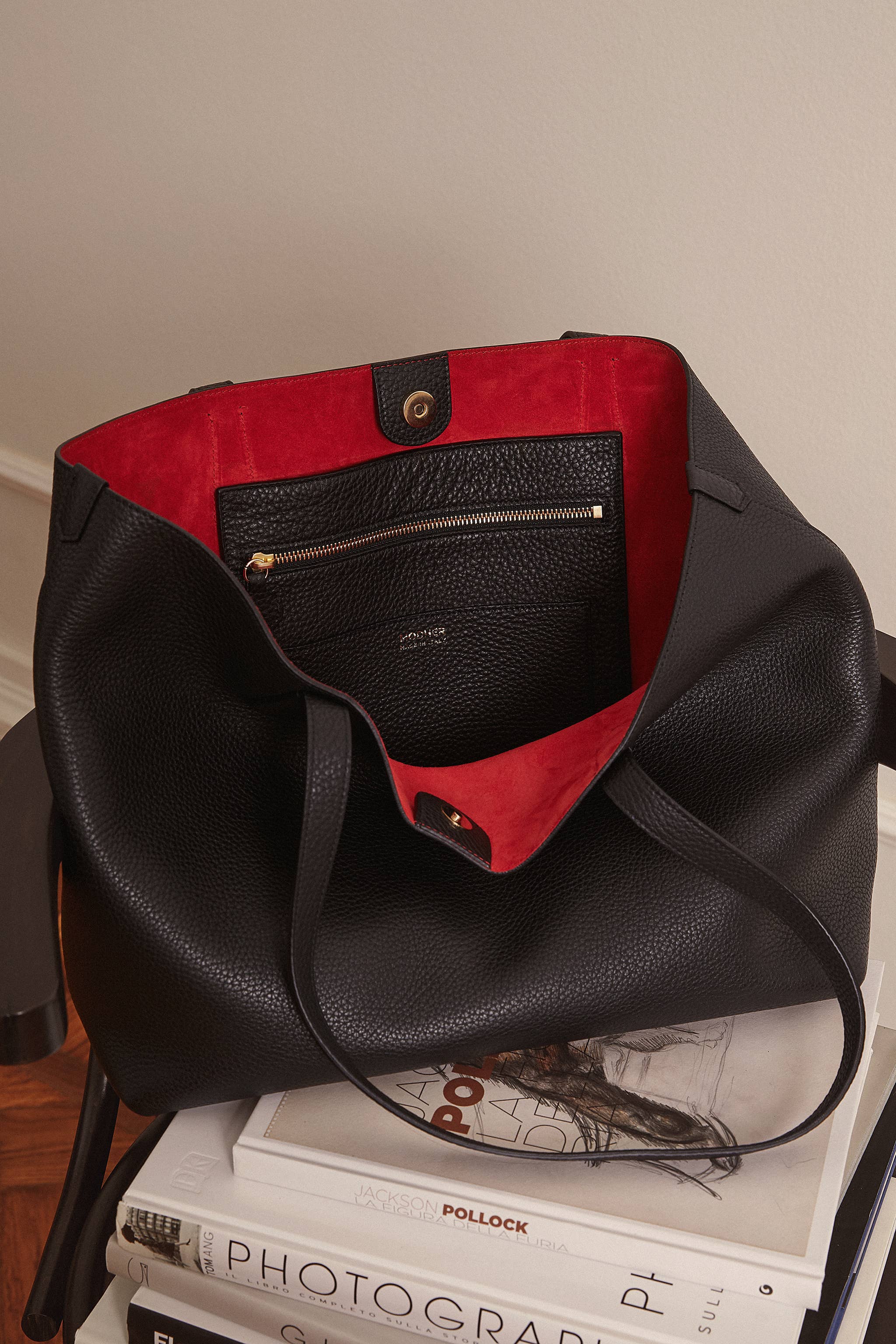 MODHER | Bellagio Large Leather Tote Bag | Italian Leather Tote with Red Suede Interior