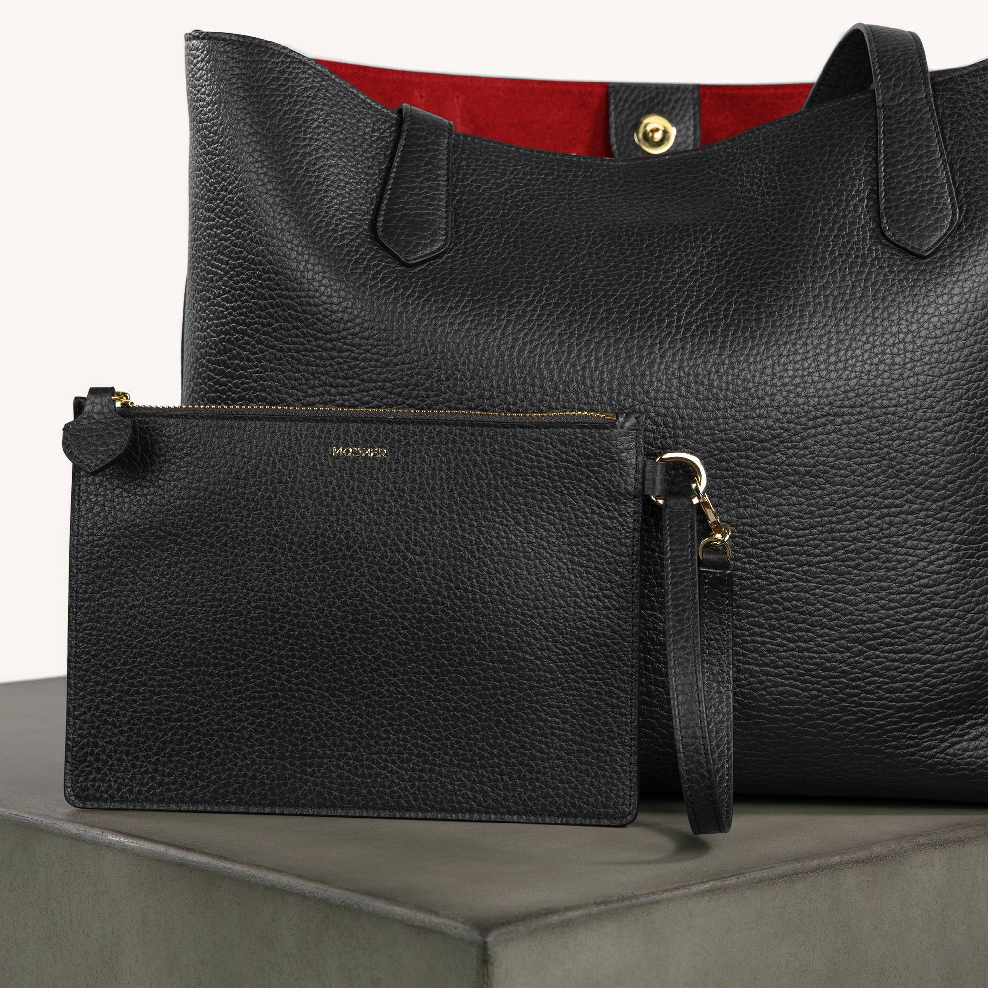 MODHER | Bellagio Large Leather Tote Bag | Italian Leather Tote with Red Suede Interior